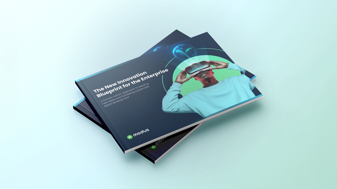 Innovation ebook cover showing a man with a VR headset