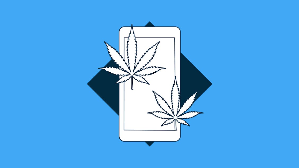 Illustration of cannabis leaves over a phone screen