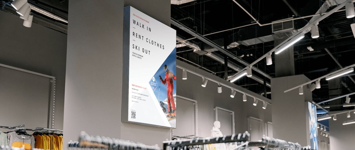 Adv of ski clothes for rent in a clothes shop