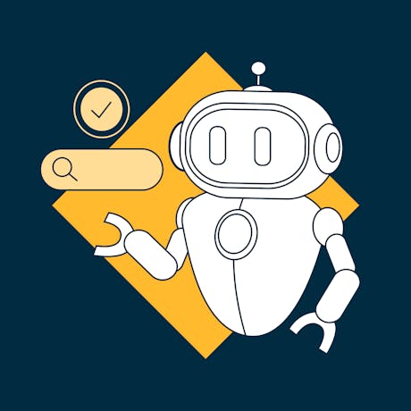 AI robot with web search icons