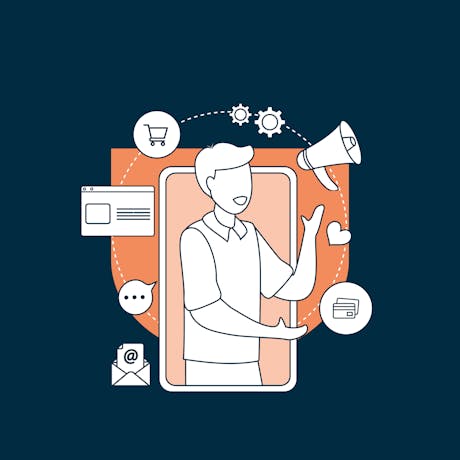 Man juggling icons representing digital channels