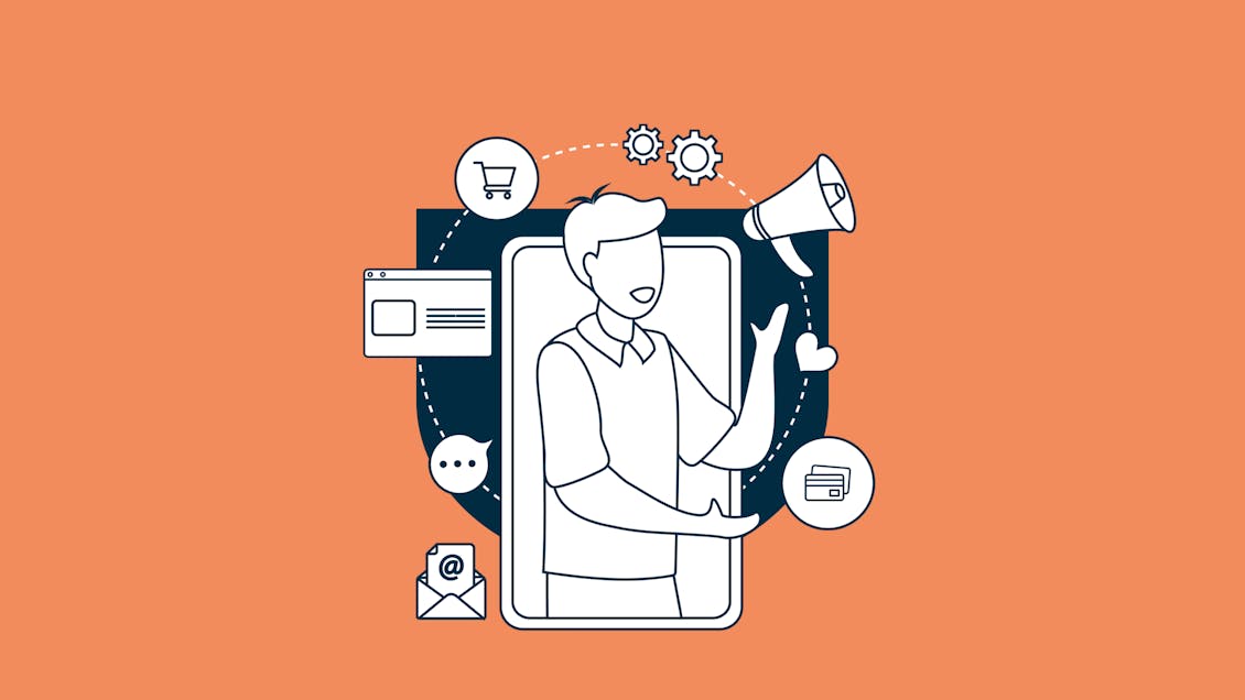 Man juggling icons representing digital channels