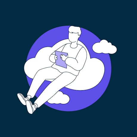 Person using a tablet and sitting on a cloud