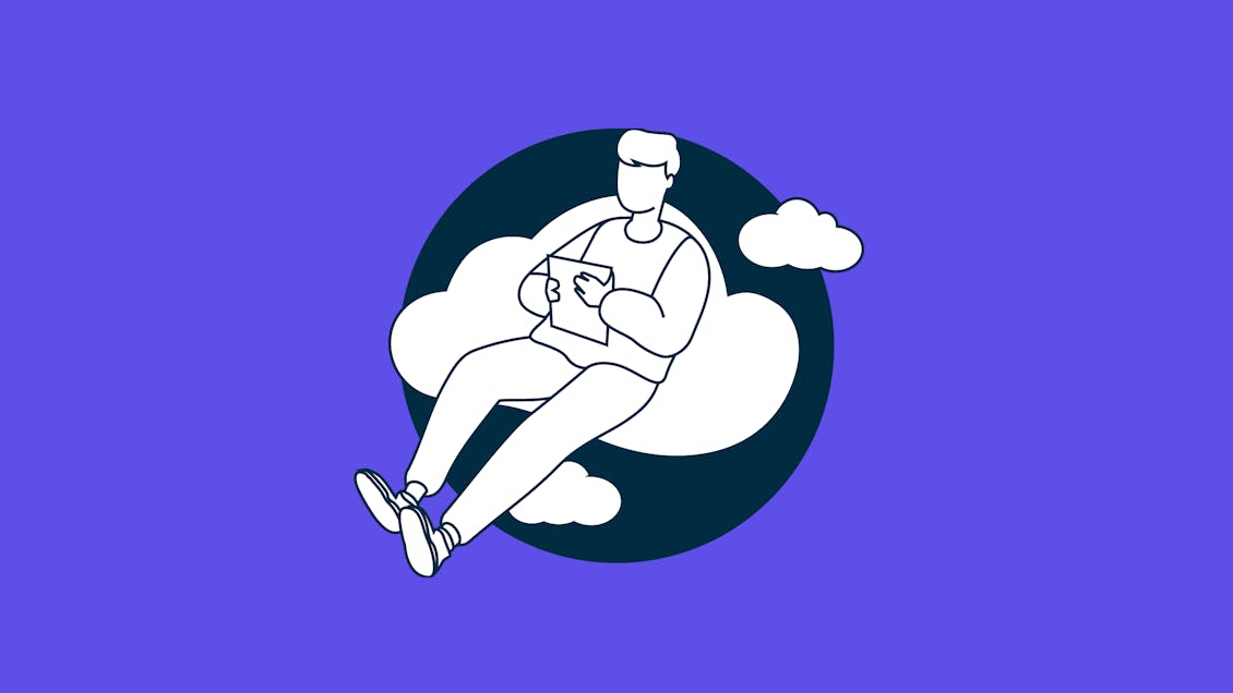 Person using a tablet and sitting on a cloud