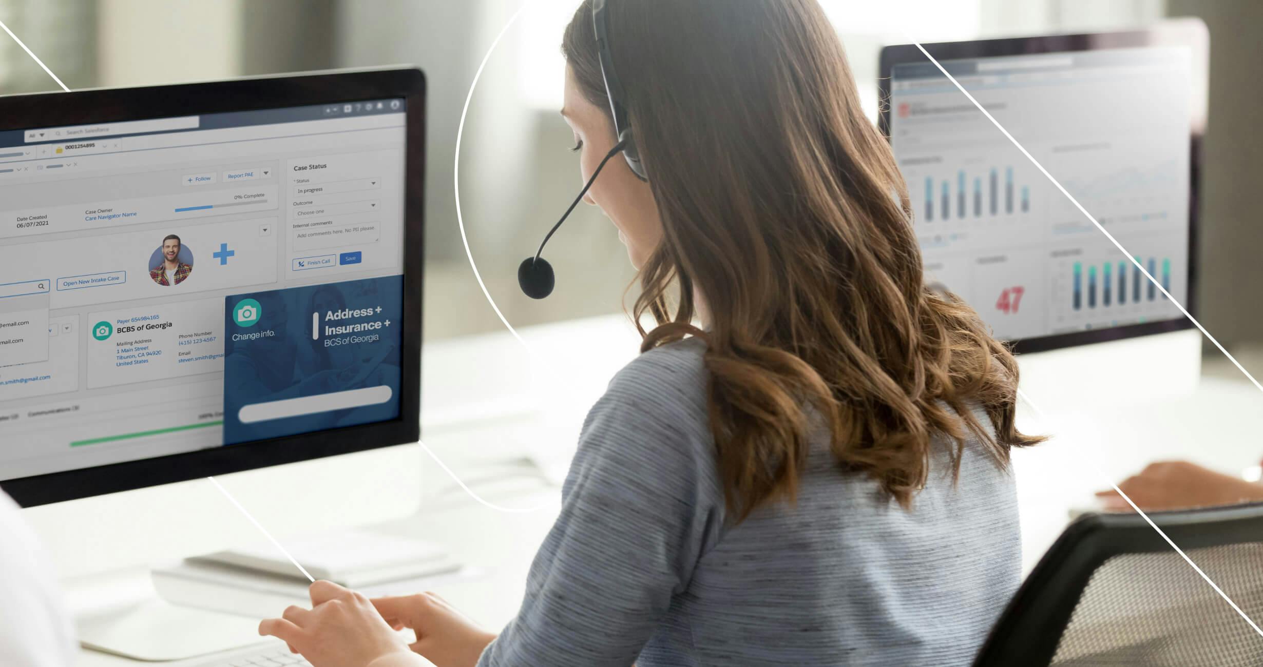 Woman working at a desk in a healthcare dashboard. 