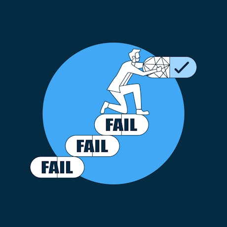Man holding a pill with a success checkmark after stepping over several failed pills
