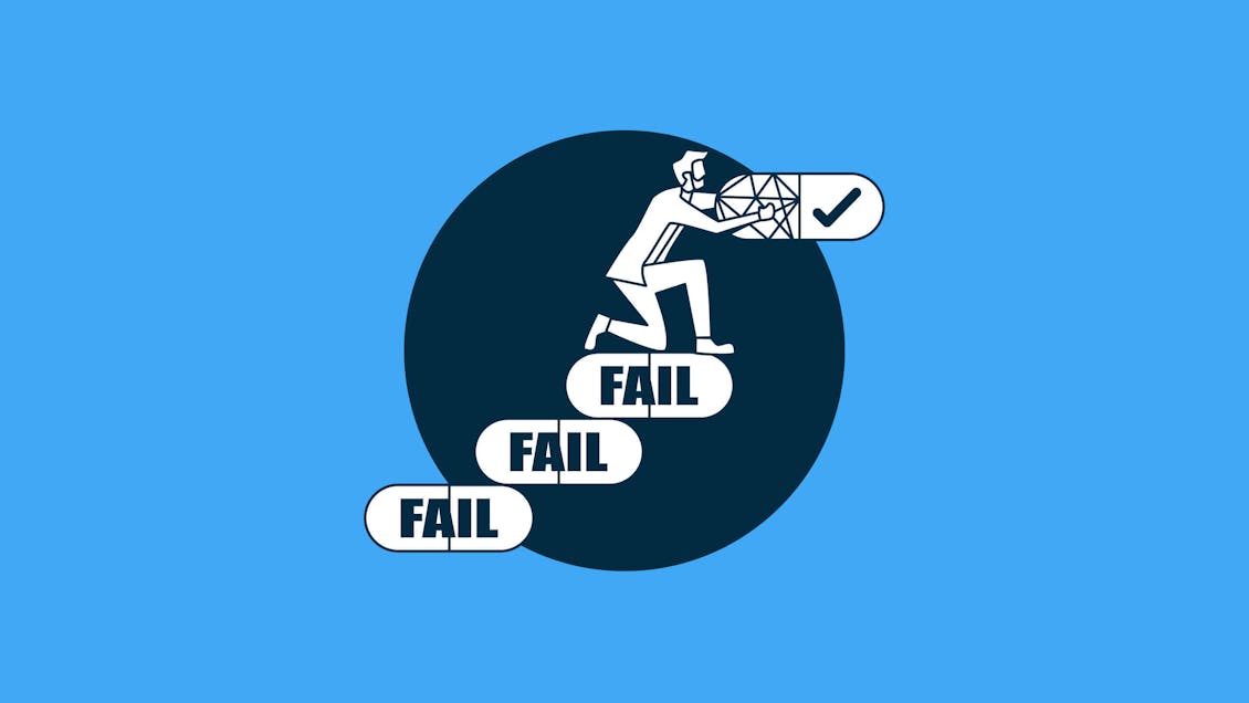 Man holding a pill with a success checkmark after stepping over several failed pills