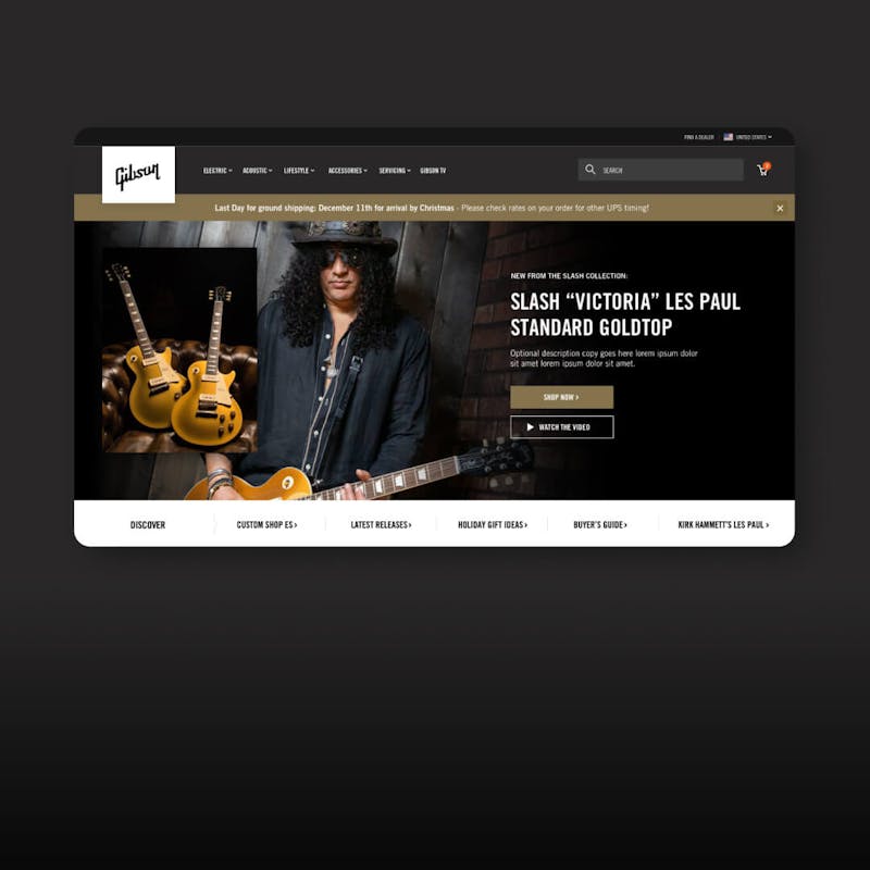retail experience at Gibson.com on a laptop screen with a guitar