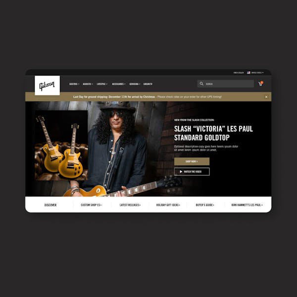 retail experience at Gibson.com on a laptop screen with a guitar