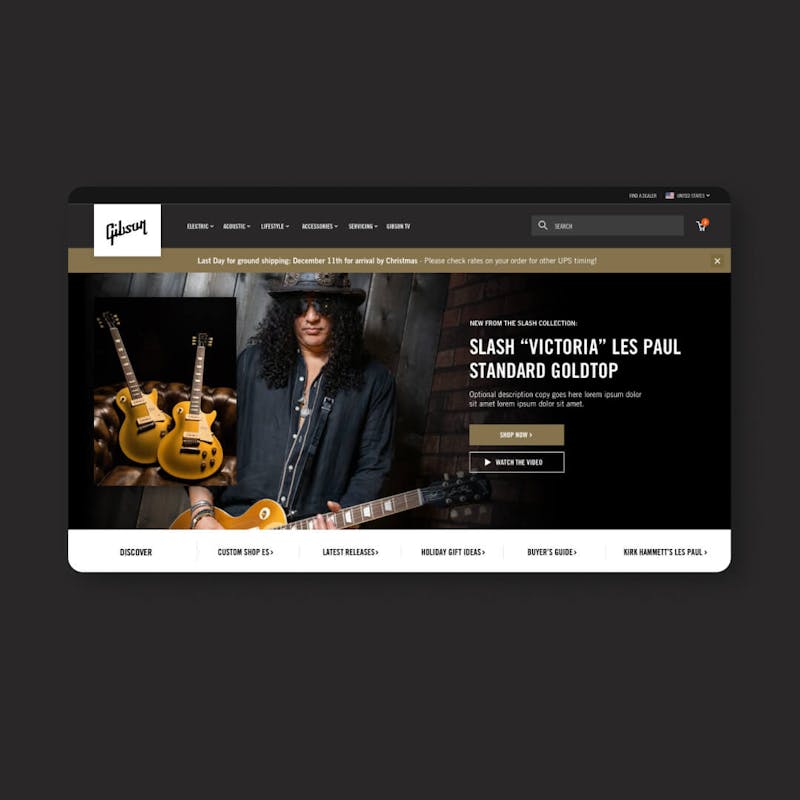 retail experience at Gibson.com on a laptop screen with a guitar