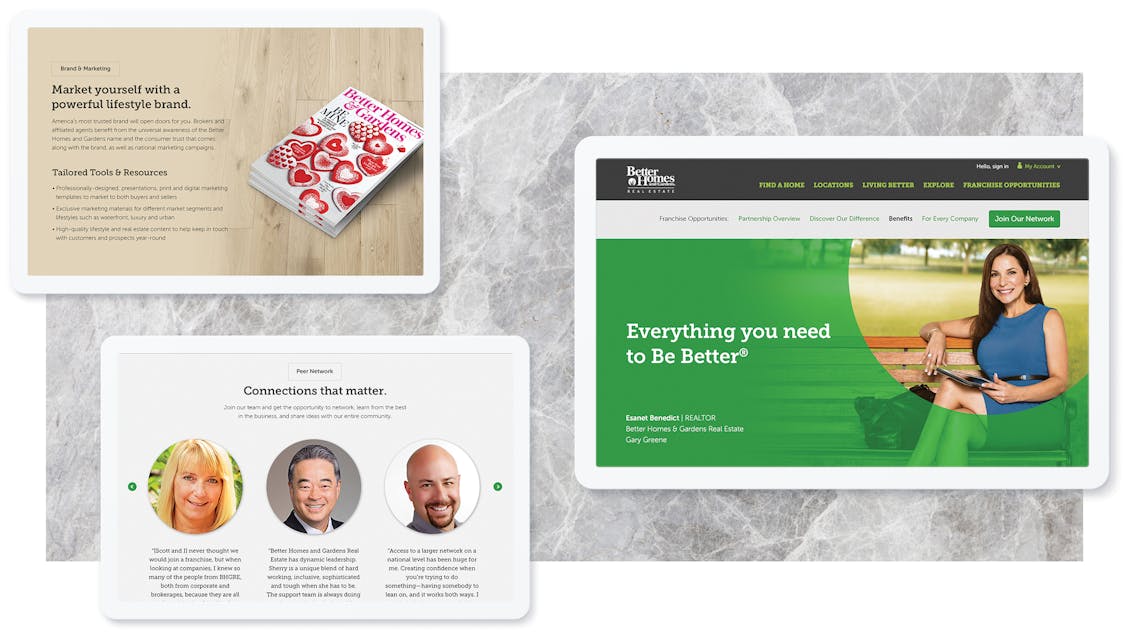 Better Homes and Gardens benefits site screens on three tablets