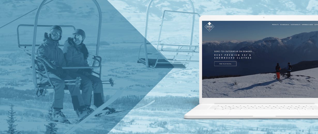 People on a chairlift with snow around them and a laptop computer with Gore's homepage
