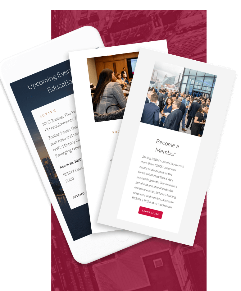 Three REBNY website screens on phones