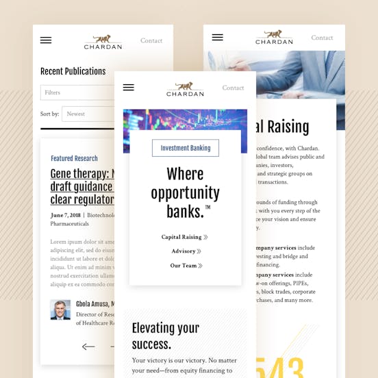 Three different screens of the Chardan site
