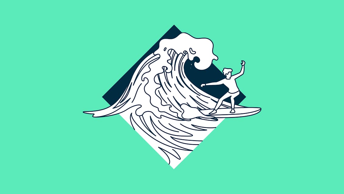 Illustration of surfer on a large wave to indicate the pace of AI advancement