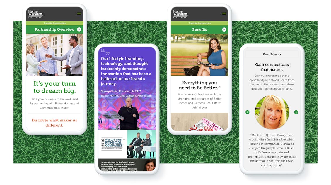 Better Homes and Gardens site screens on four phones