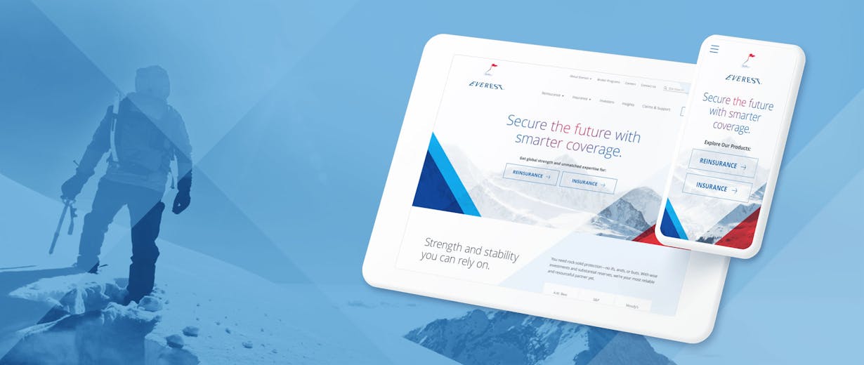 a person on a snowy mountain in the background and the Everest site on a tablet and a phone at the front