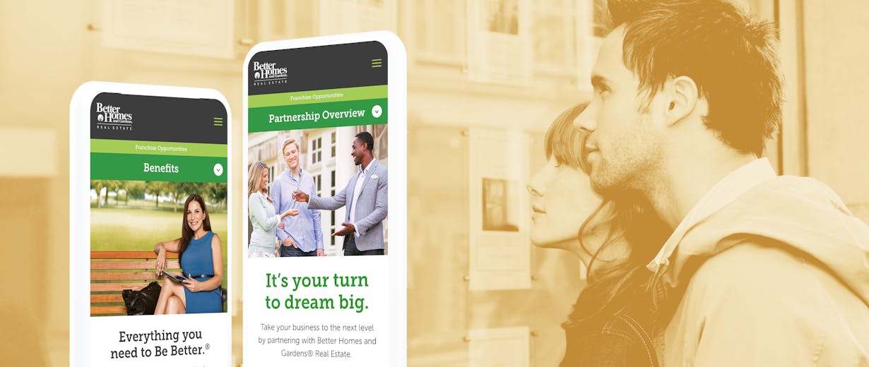 A couple looking for a new place in the background and the Better Homes & Gardens site on a phone at the front test