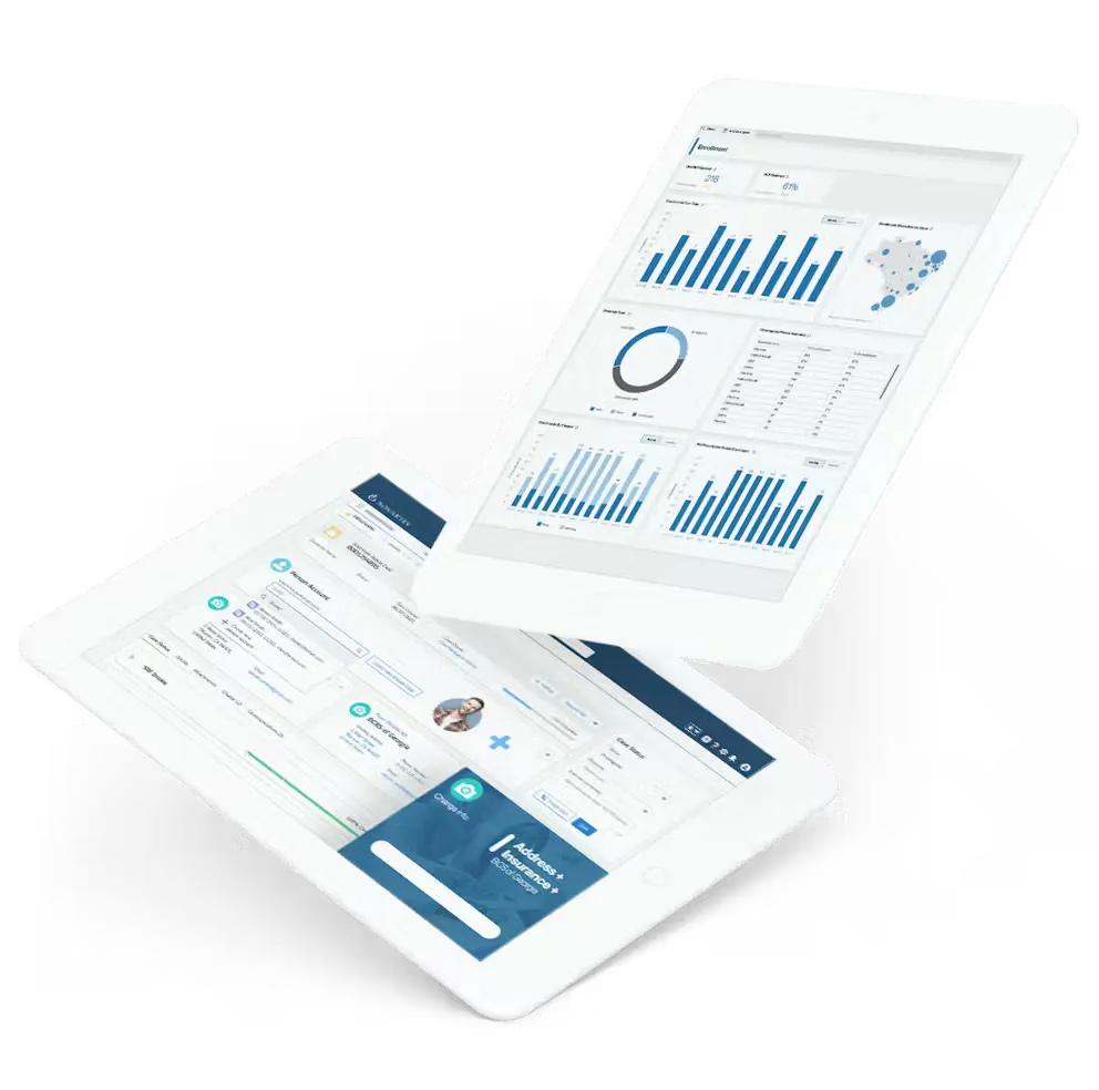 dashboards mocked up on tablet screens