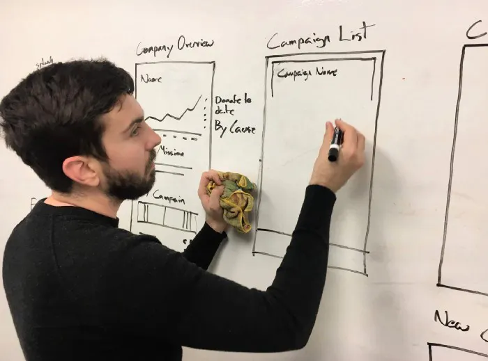 Nicholas drawing some wireframes on a white board