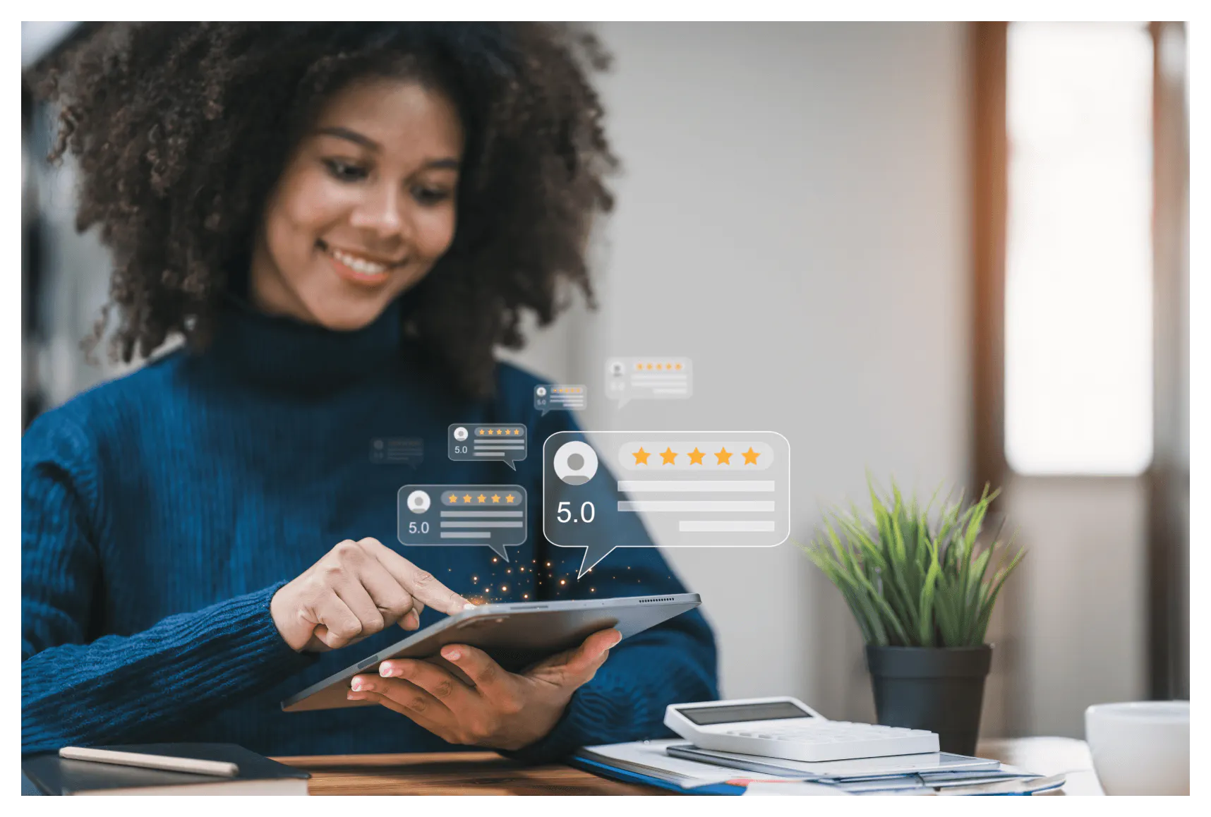 Smiling woman rating a digital experience with 5 stars