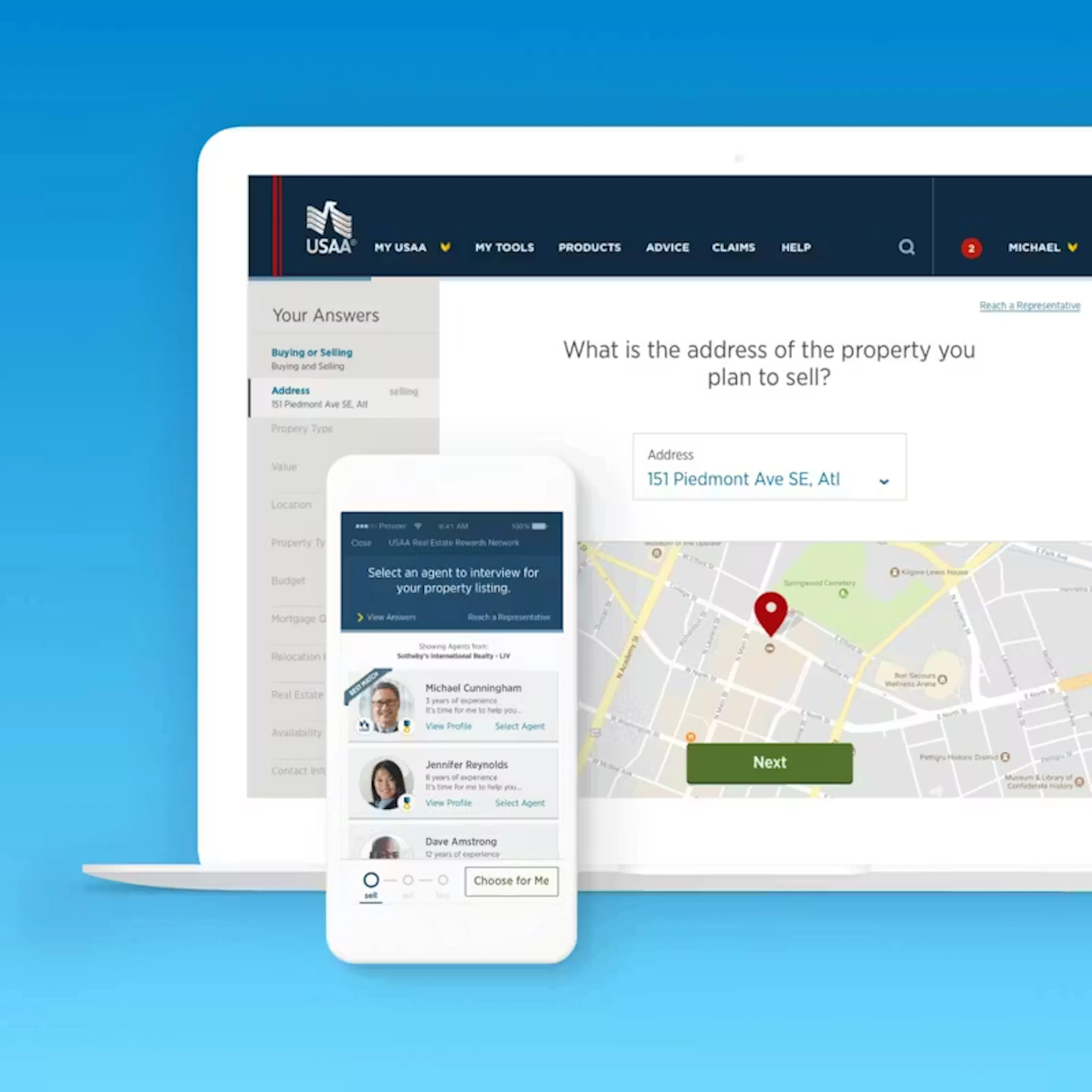 Screenshots on a phone and laptop of the USAA real estate application