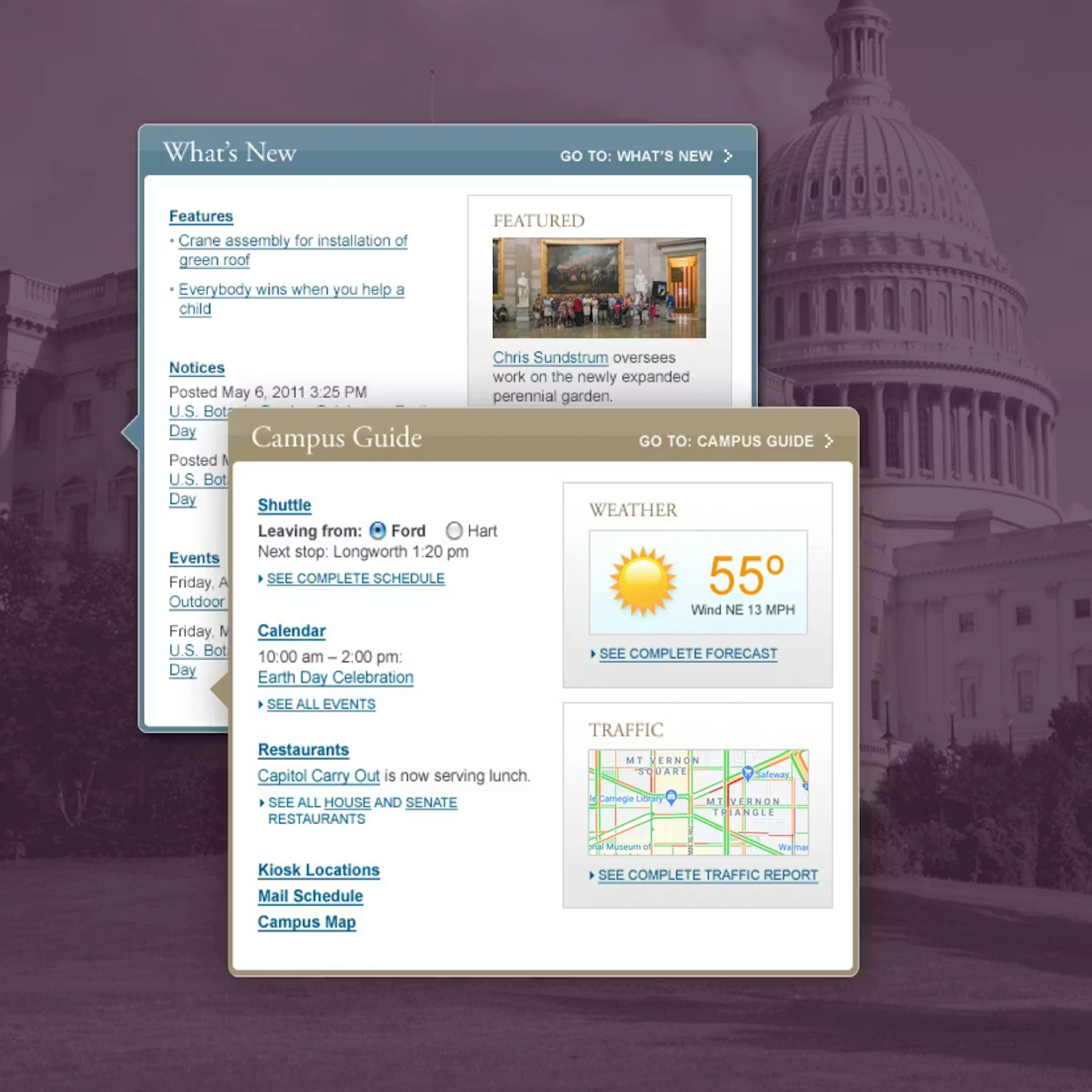 Purple background with two pages from the AOC by Modus site on the top