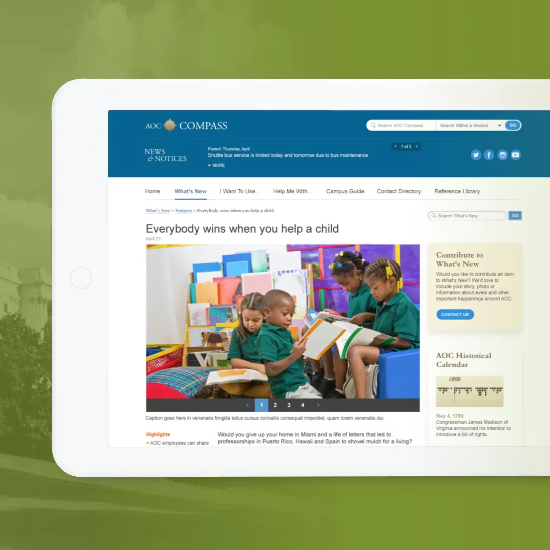 Green background with a page from the AOC by Modus site