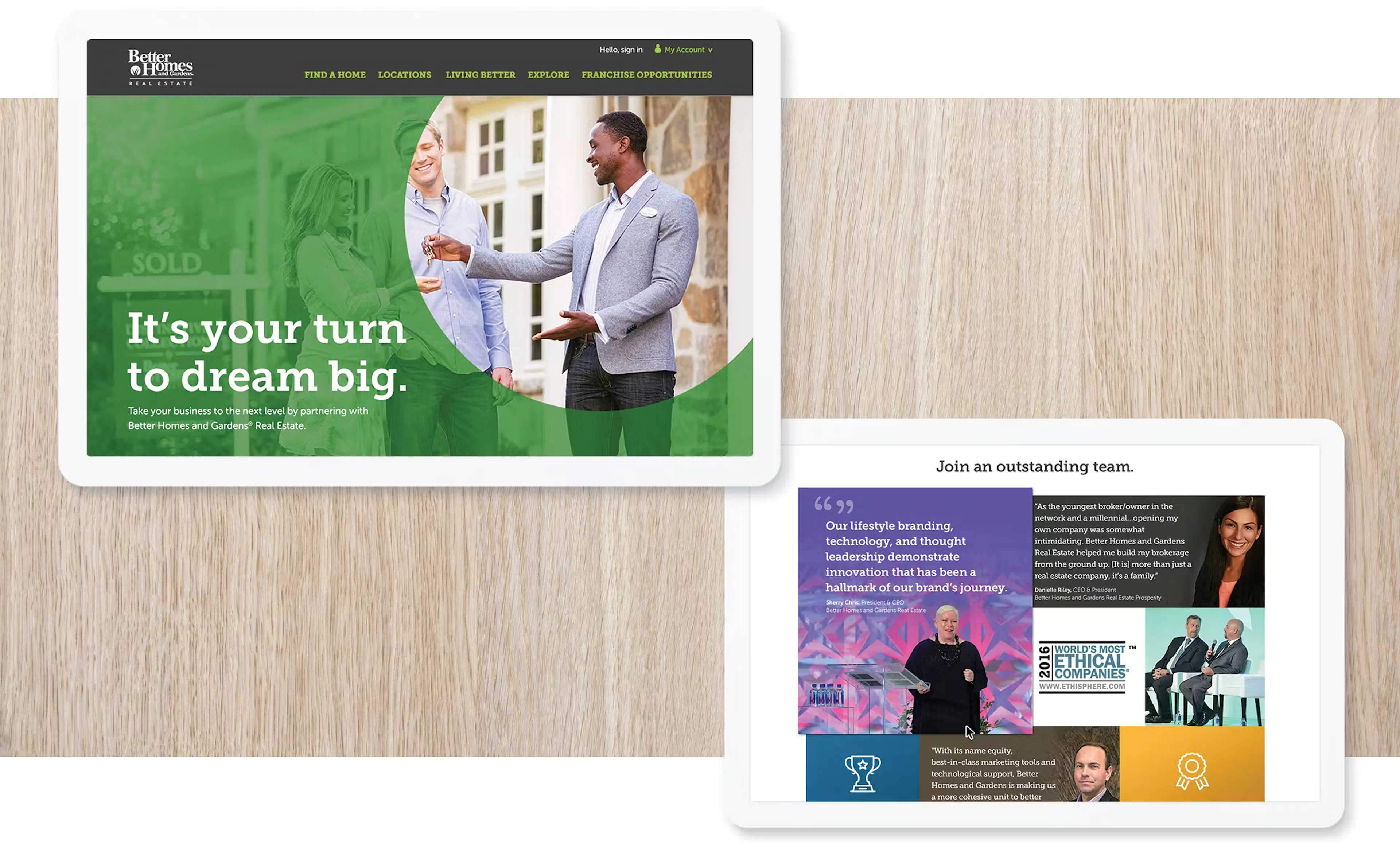 better homes and gardens site screens on two tablets