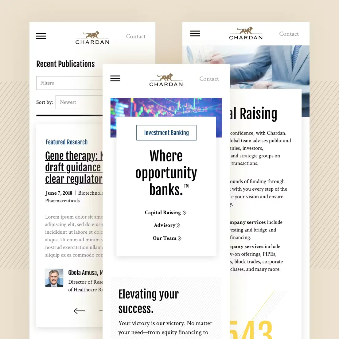 Three different screens of the Chardan site