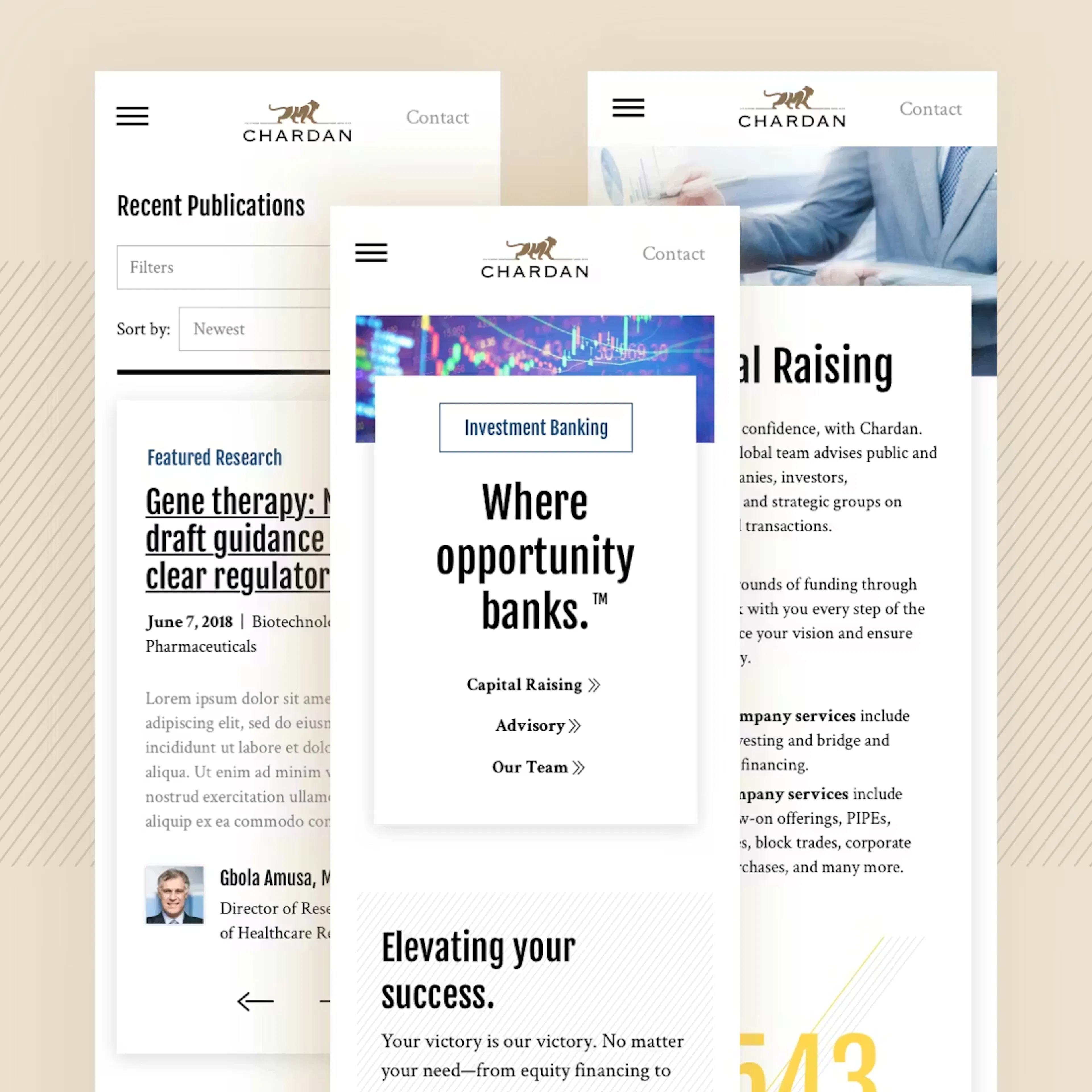 Three different screens of the Chardan site