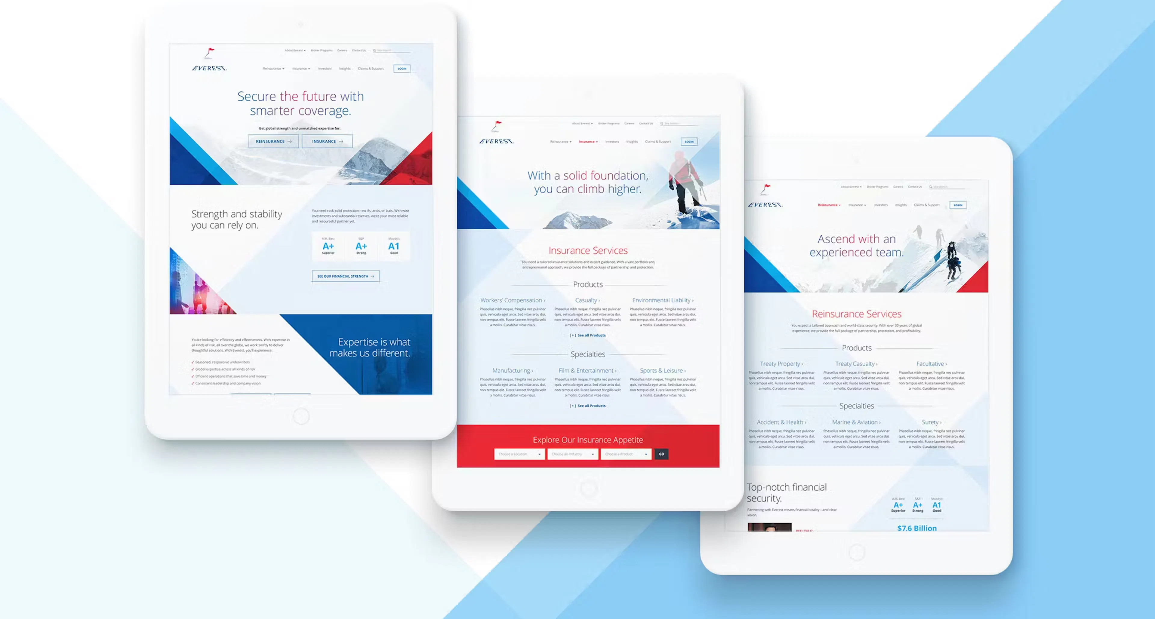 three screens from the Everest marketing site