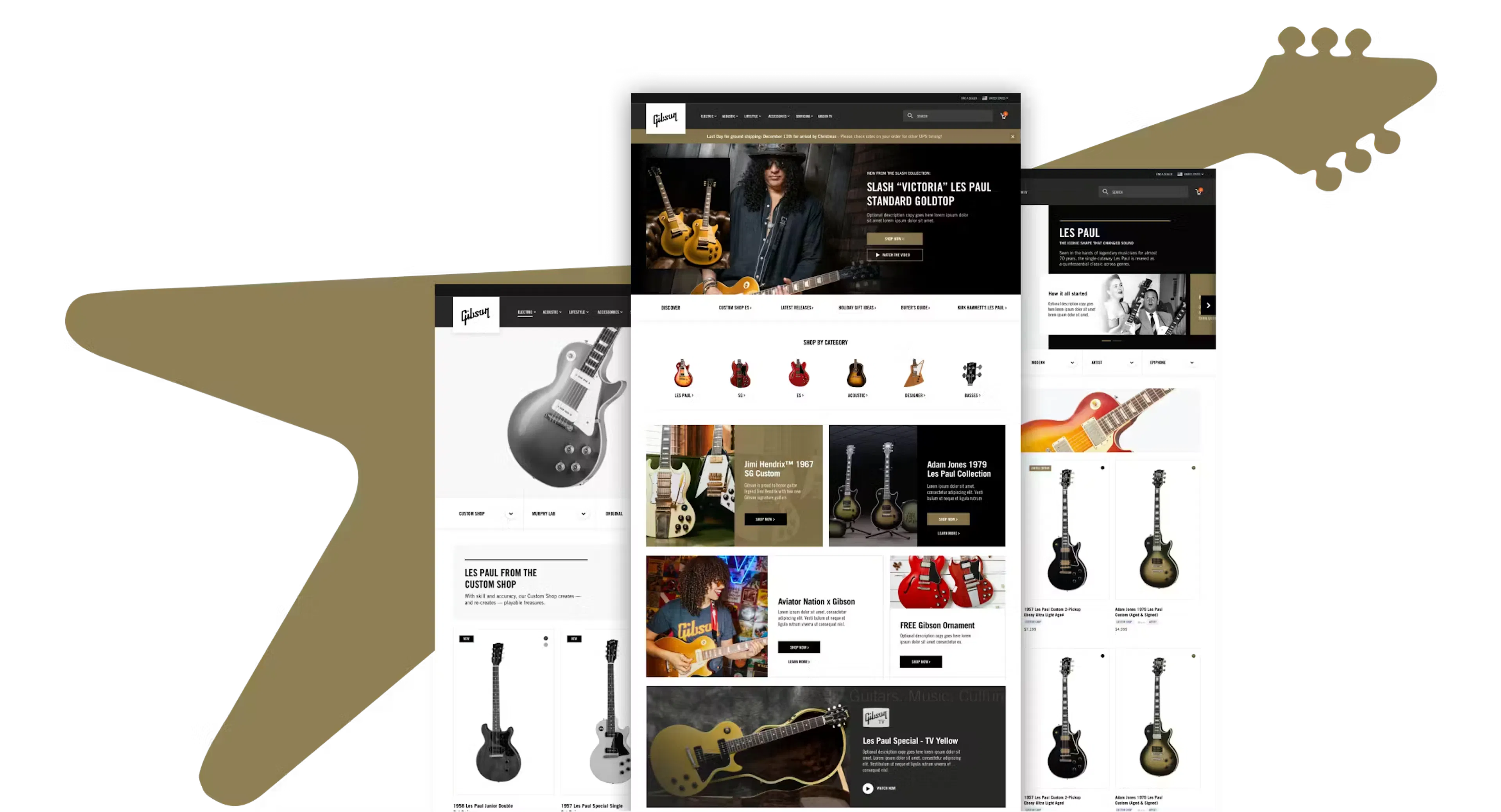 Three different pages of Gibson.com