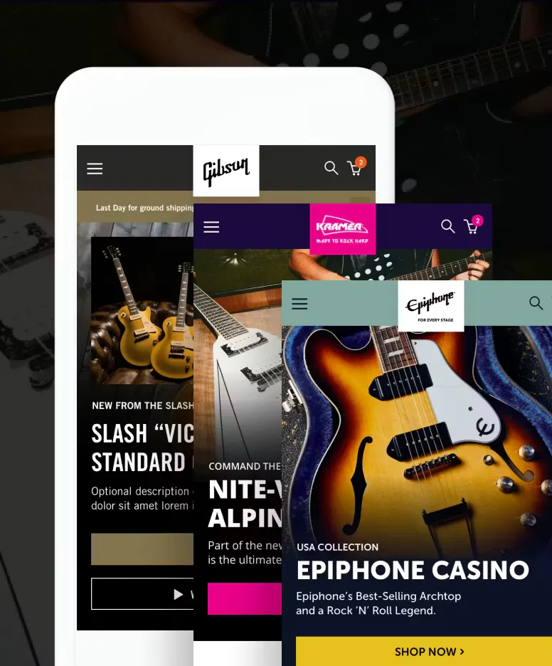 A cellphone and 3 different screens corresponding to different brands (Gibson, Kramer and Eppiphone)