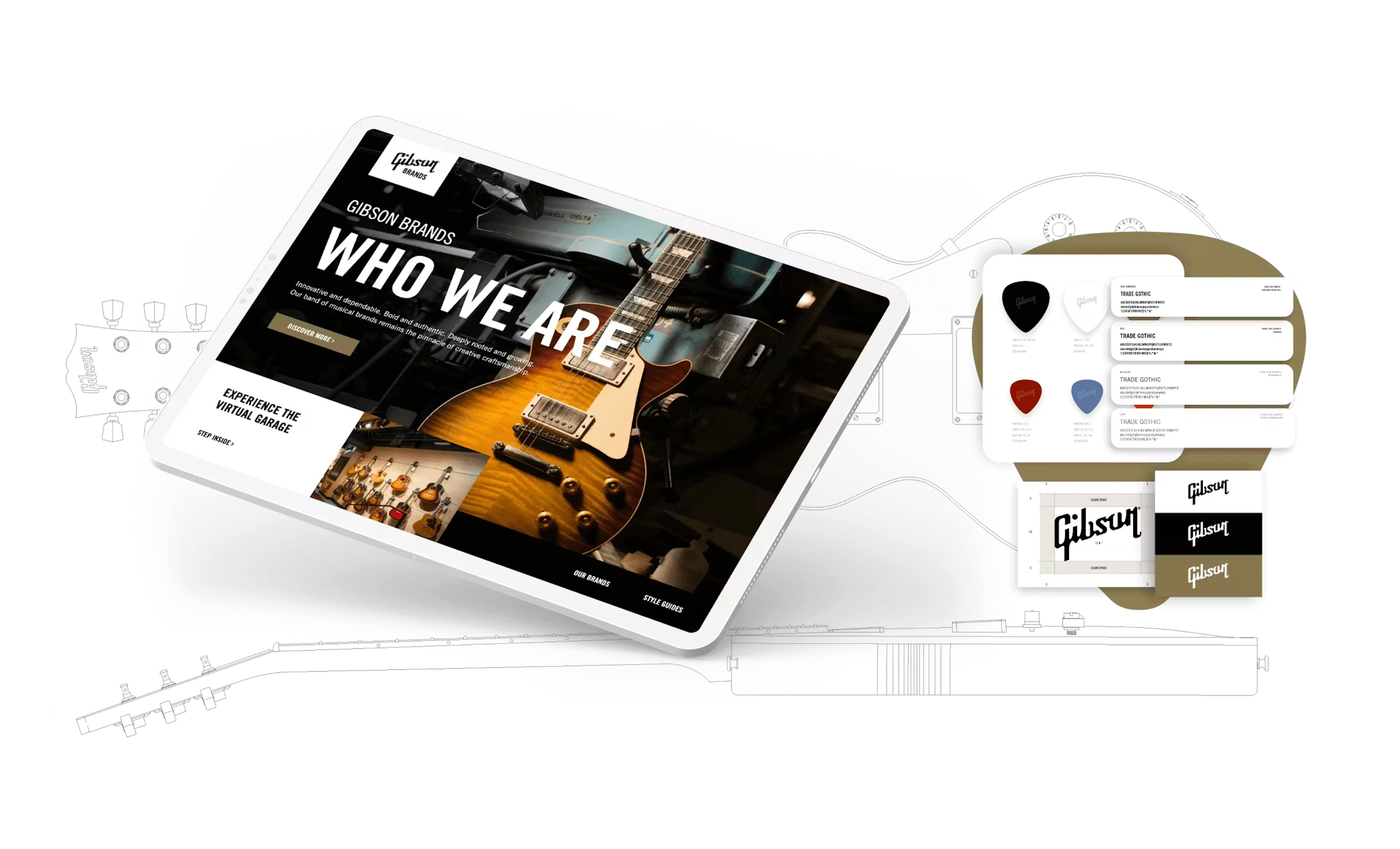 Screen of Gibson Brand Book with Gibson guitar pick