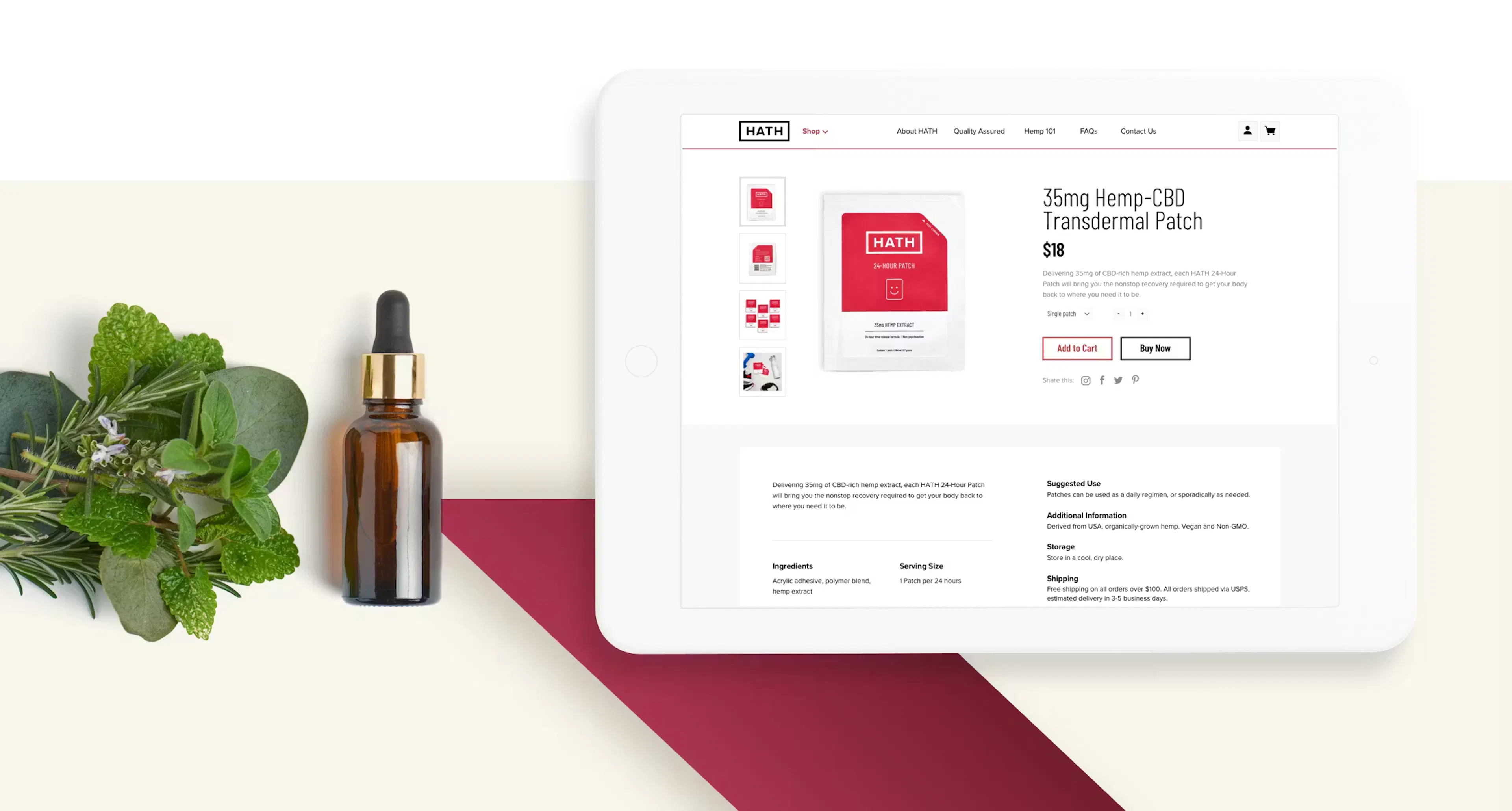 Hath CBD site on a tablet and a dropper with herbs on the side