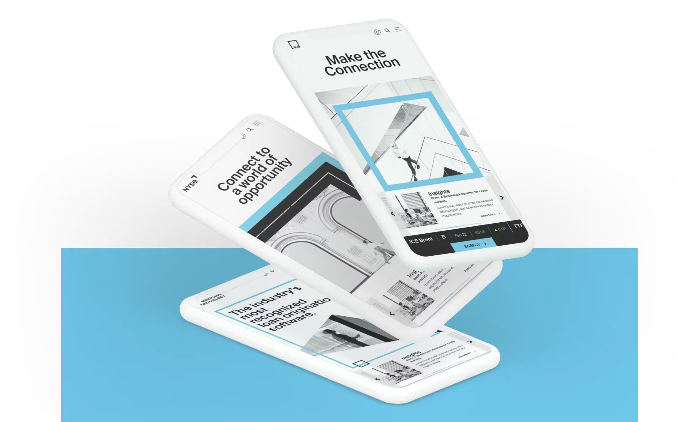 Three cellphones, each showing one of the rebranded sites