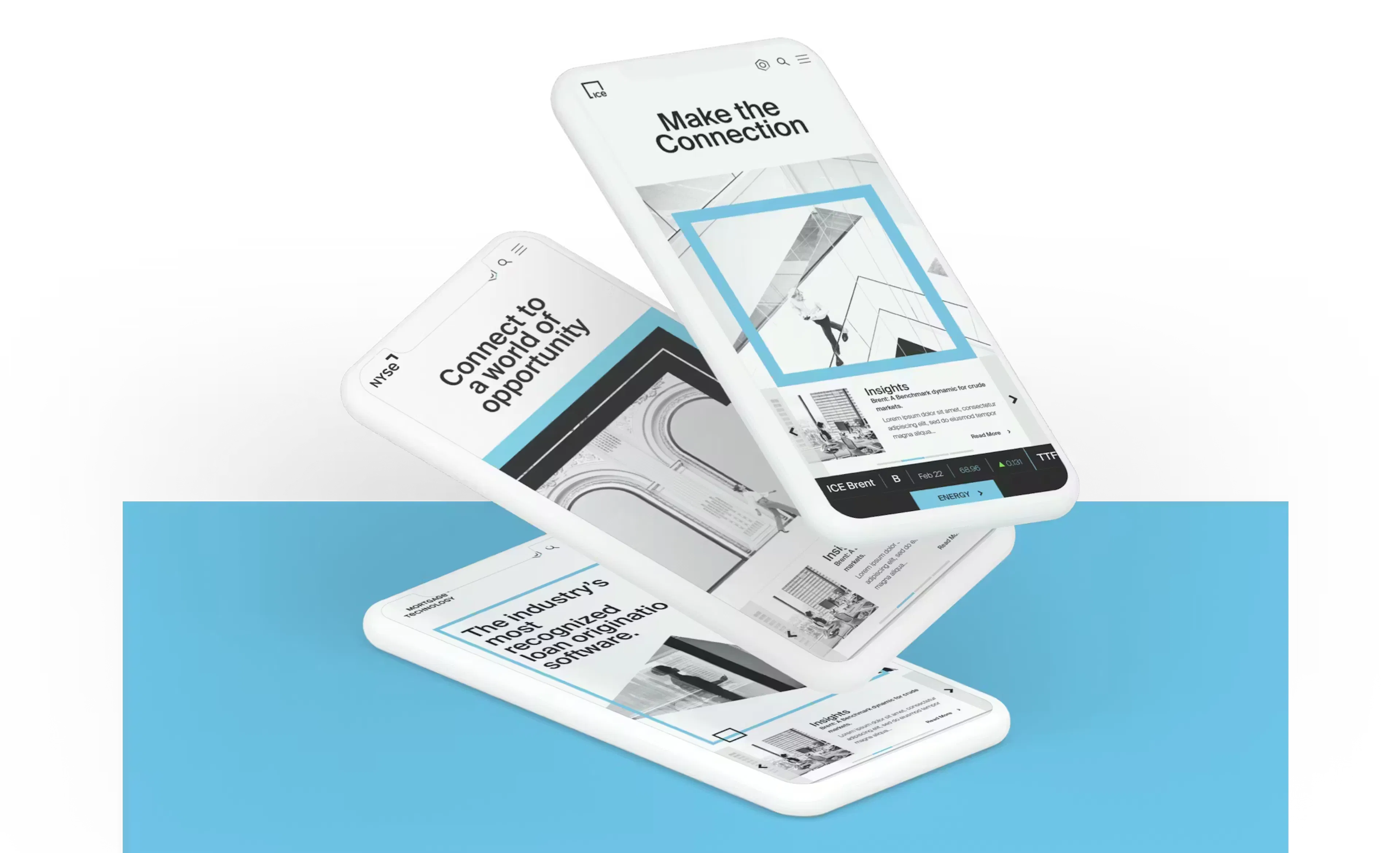 Three cellphones, each showing one of the rebranded sites