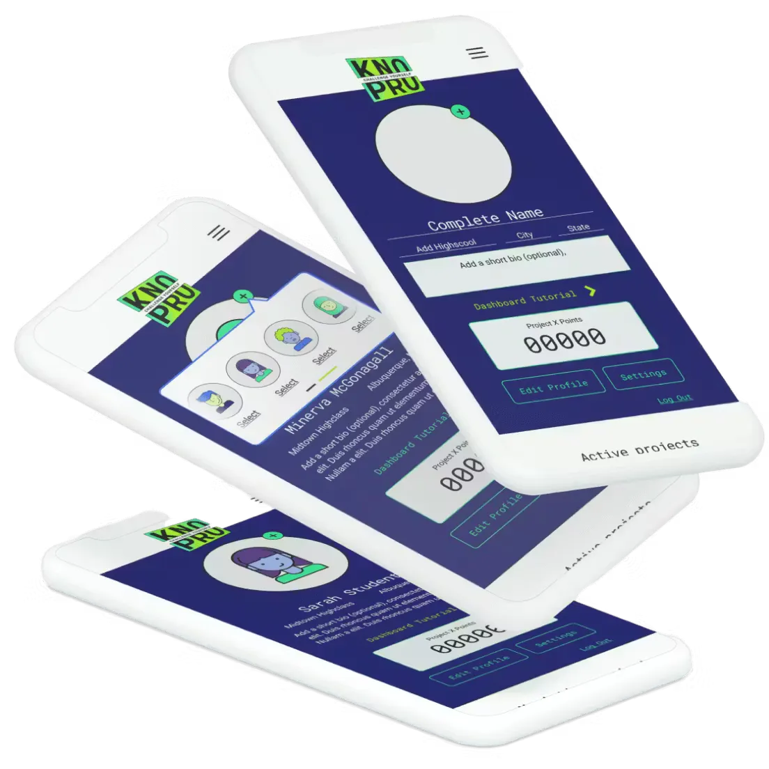 KnoPro interface on 3 mobile screens