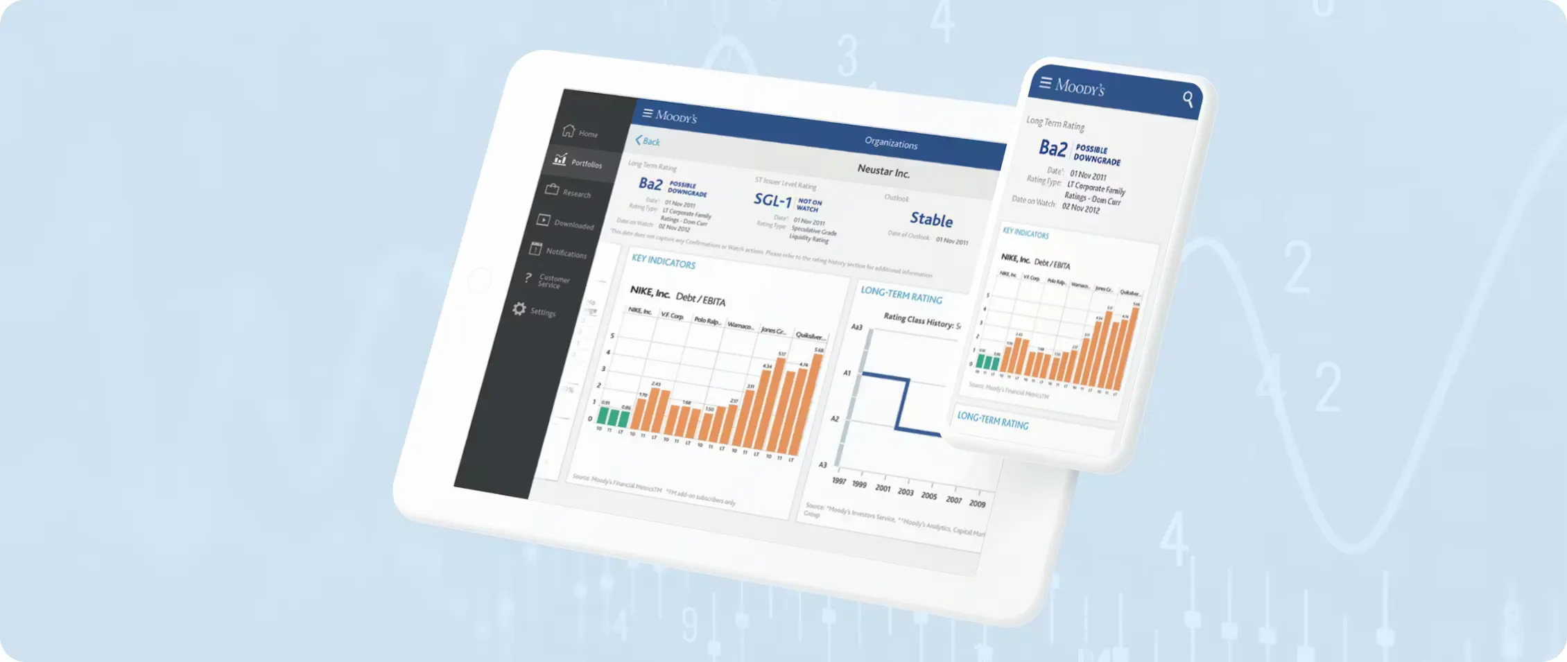 Moodys site on a tablet and a phone