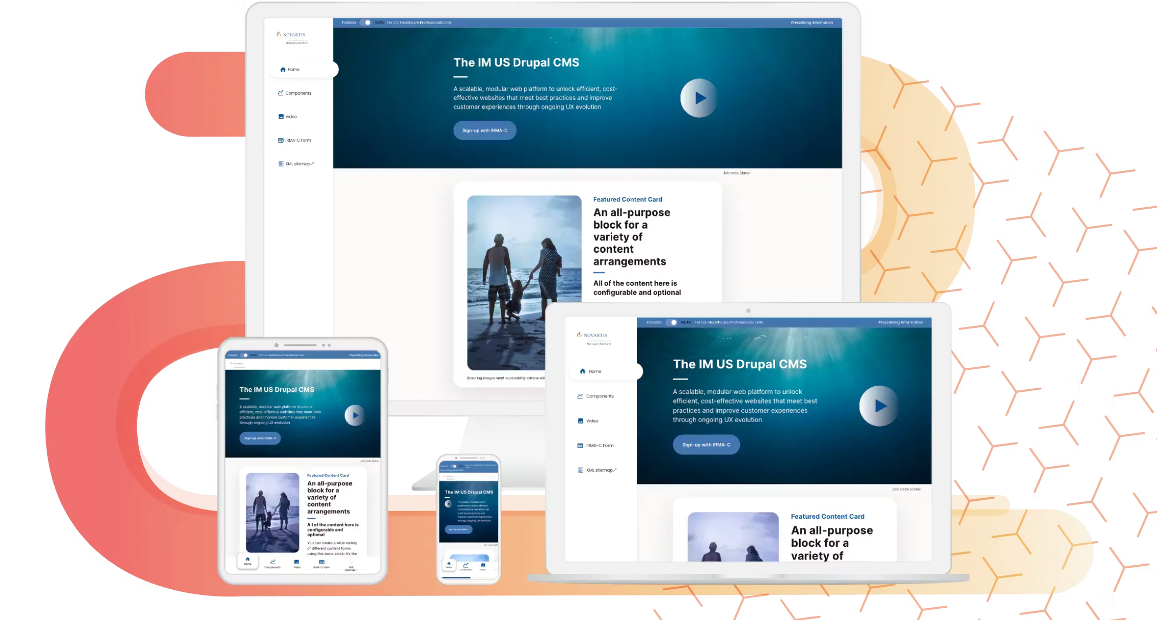 Novartis design system screens on iPhone, iPad, Laptop, and Desktop