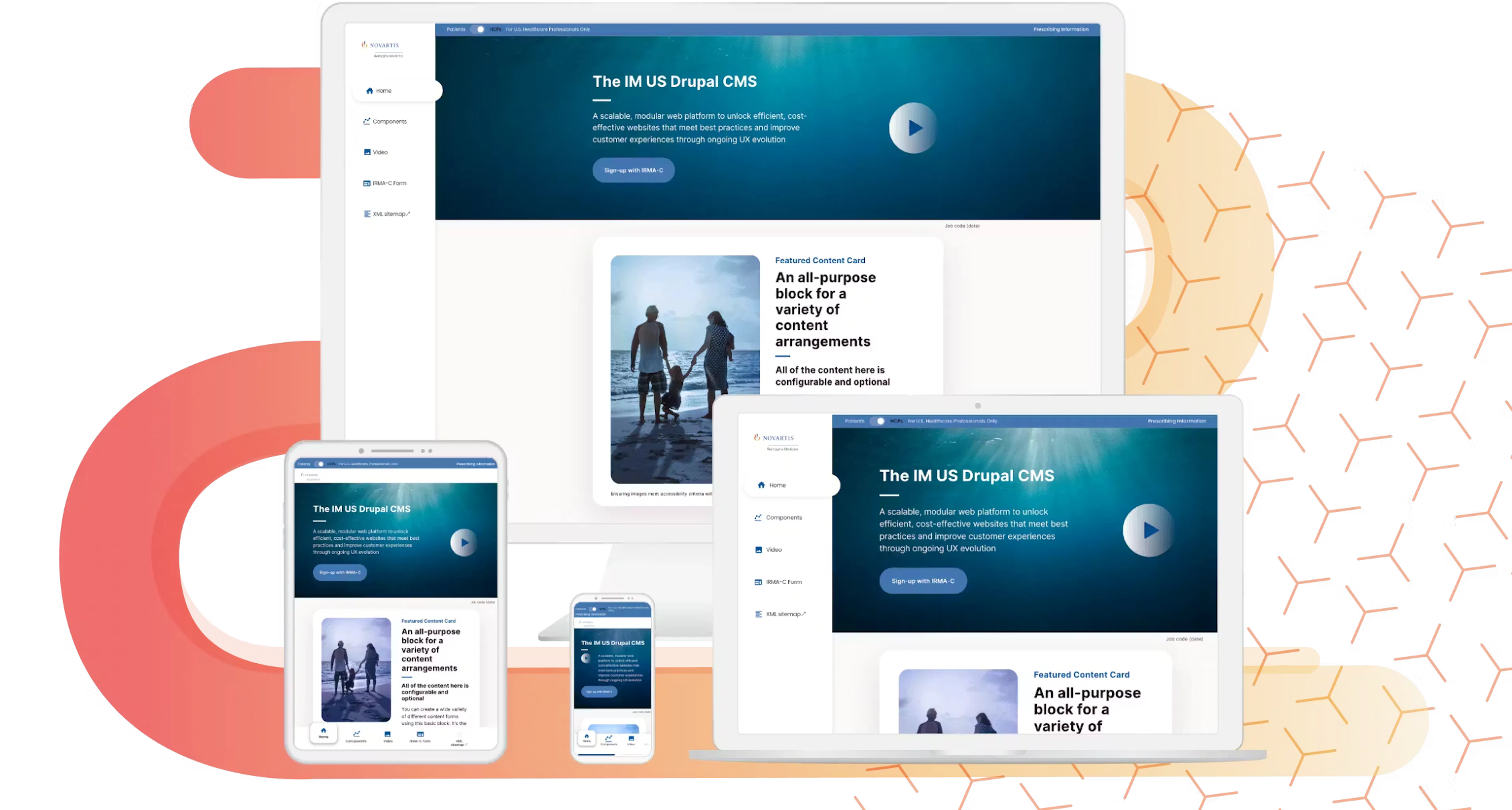 Novartis design system screens on iPhone, iPad, Laptop, and Desktop