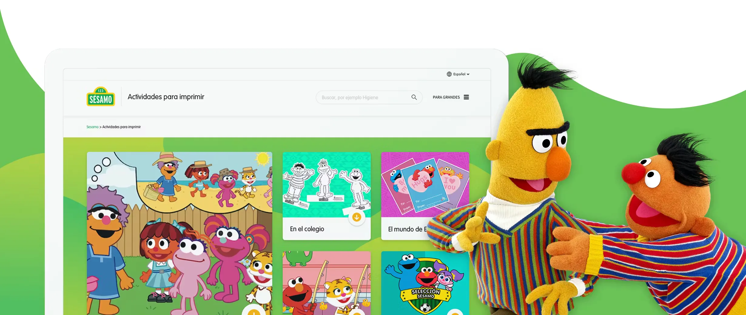 Bert y Ernie From Sesame Street playing in the right and a computer screen with the Sesame site in the left
