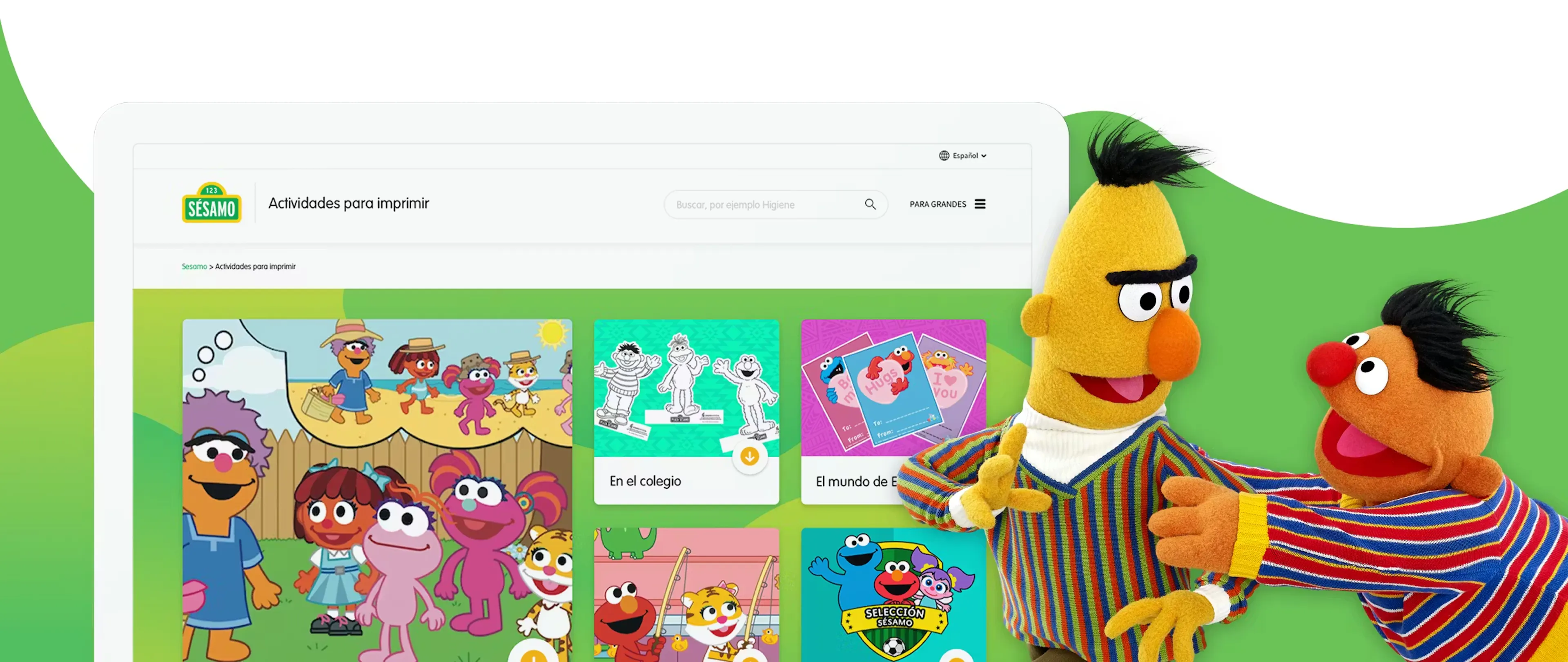 Bert y Ernie From Sesame Street playing in the right and a computer screen with the Sesame site in the left