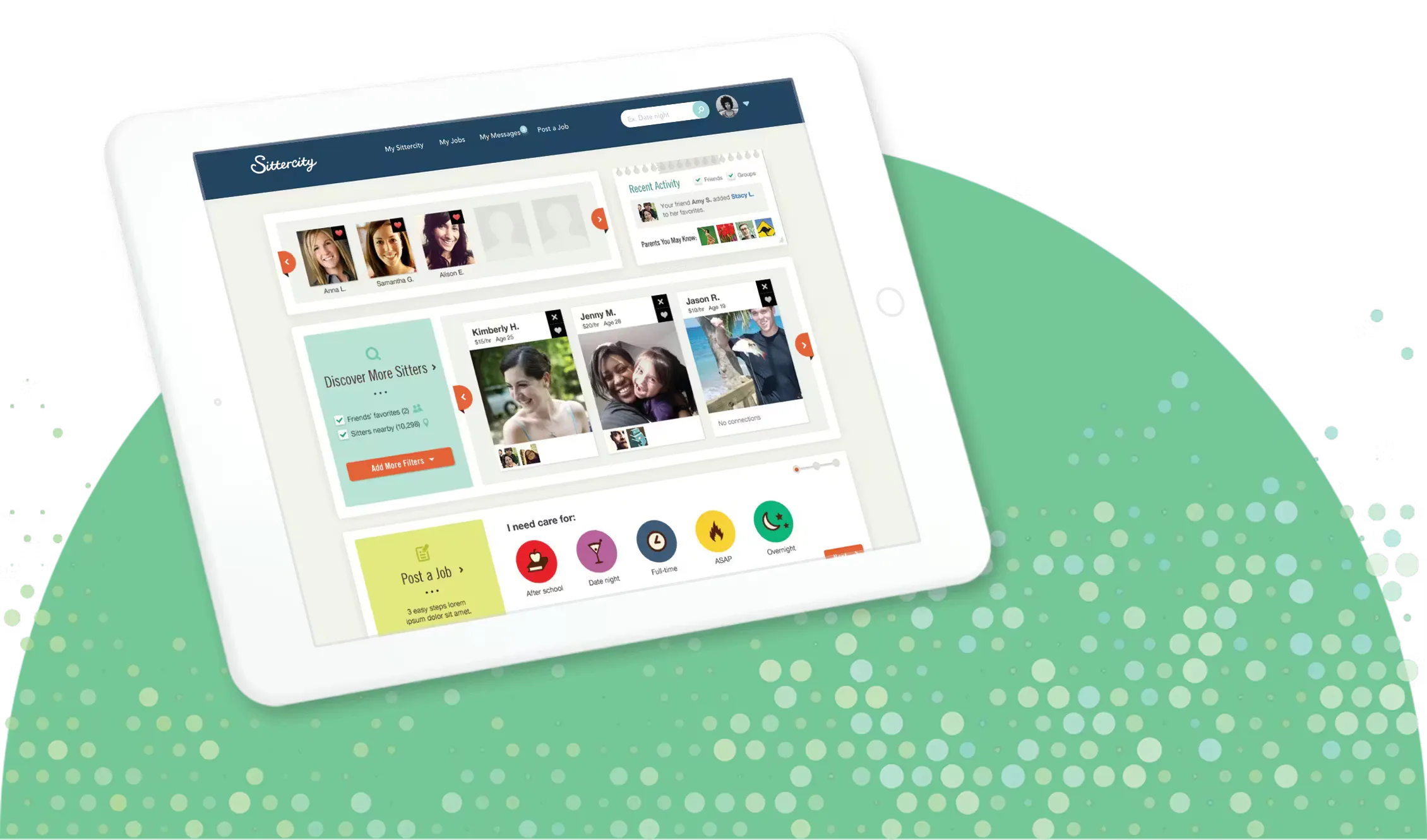 a Sittercity site screen over a tablet