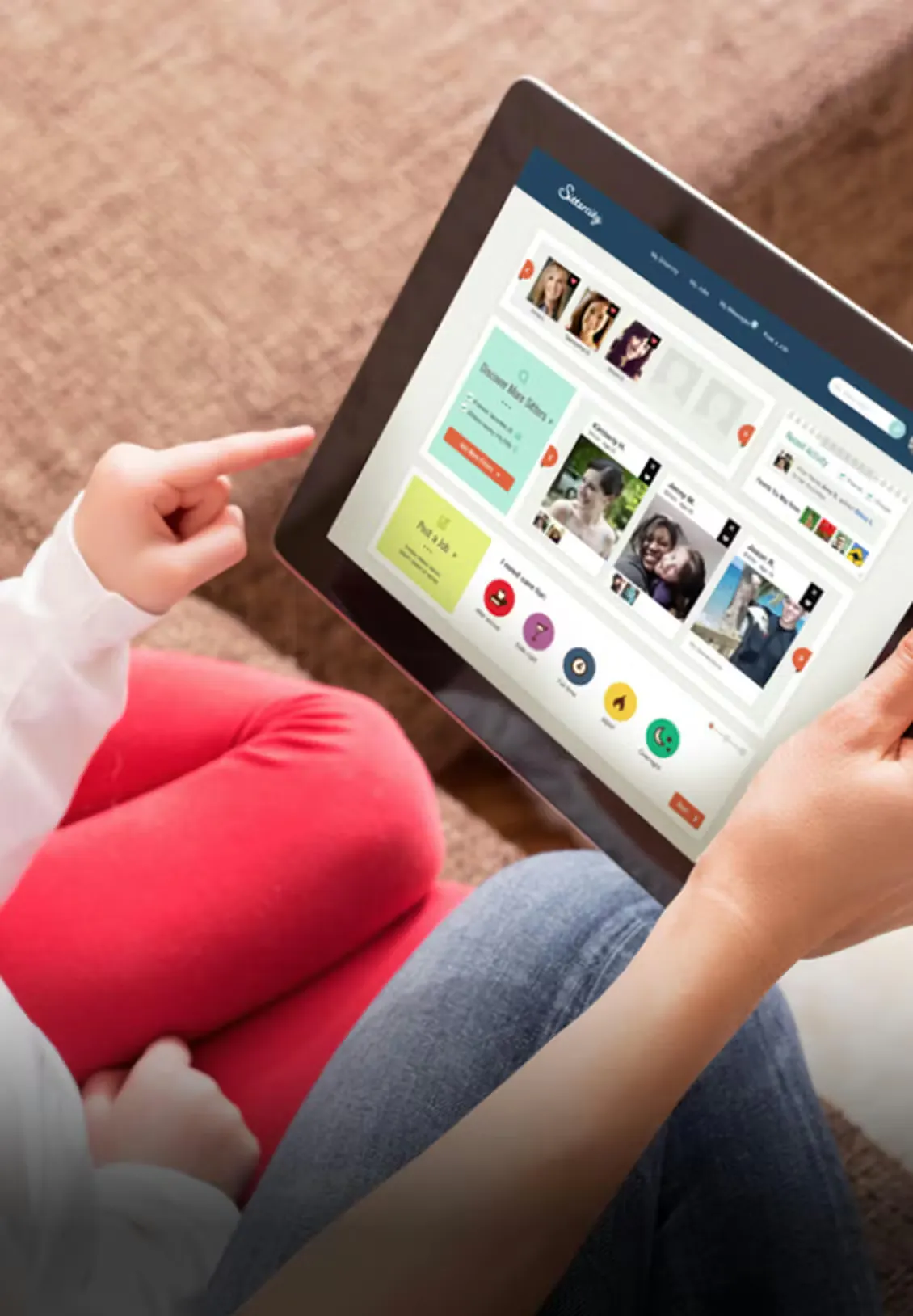 Person holding a tablet viewing the Sittercity screen
