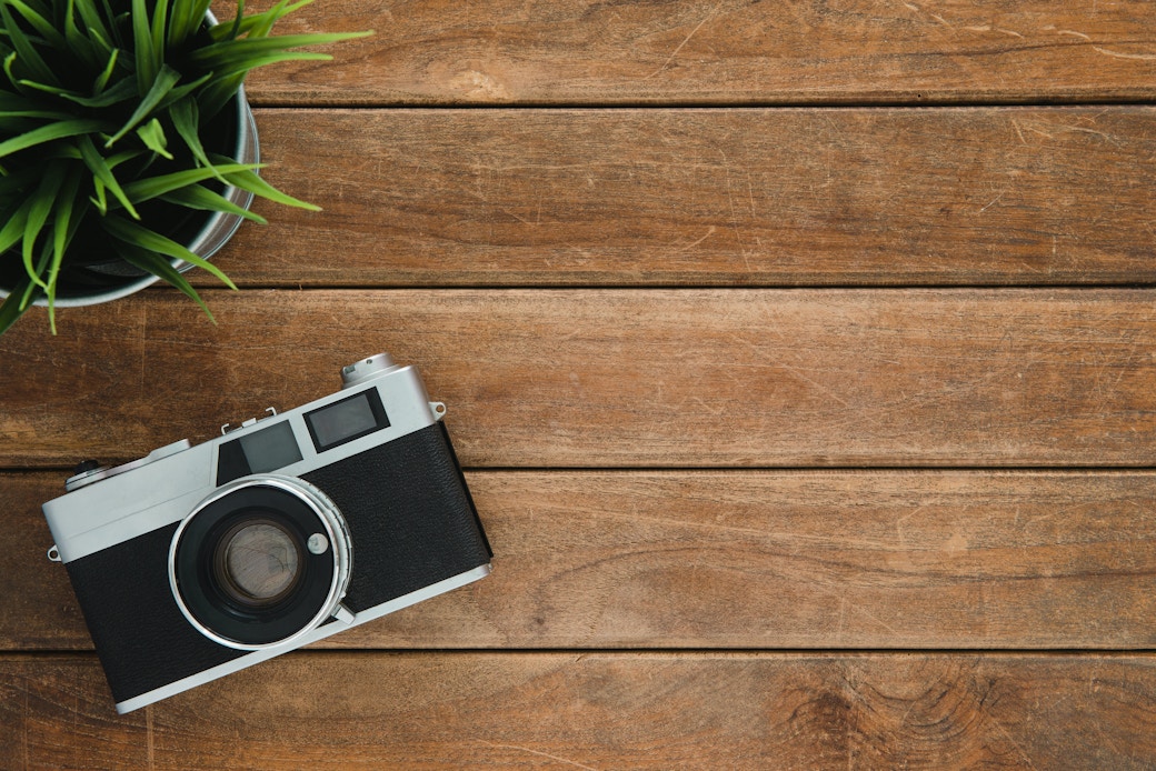 camera photo on a table with a plant