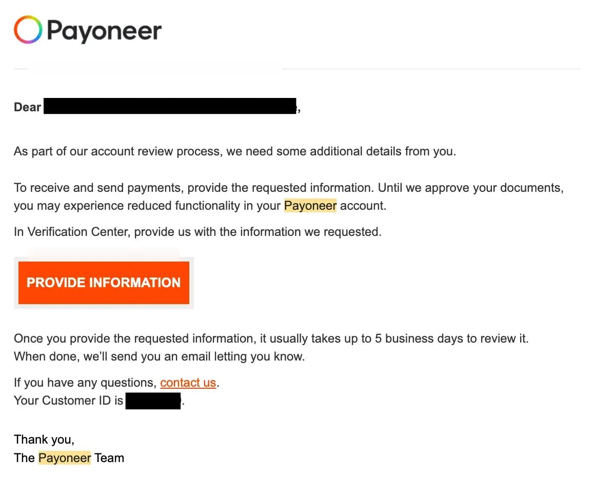 Payoneer requesting additional details for account verification