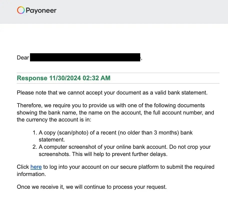 Document rejection email - bank statement didn't meet requirements