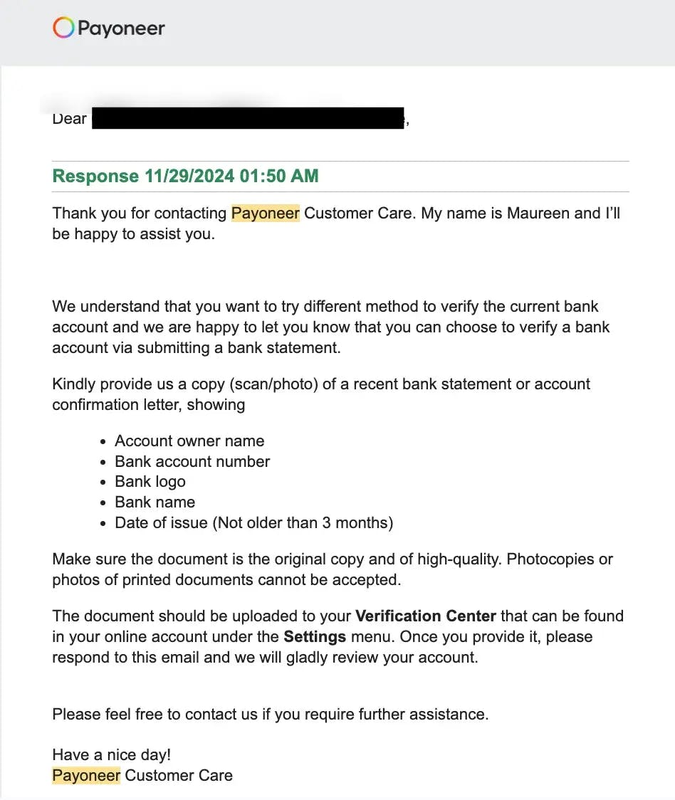 Support response offering alternative verification method